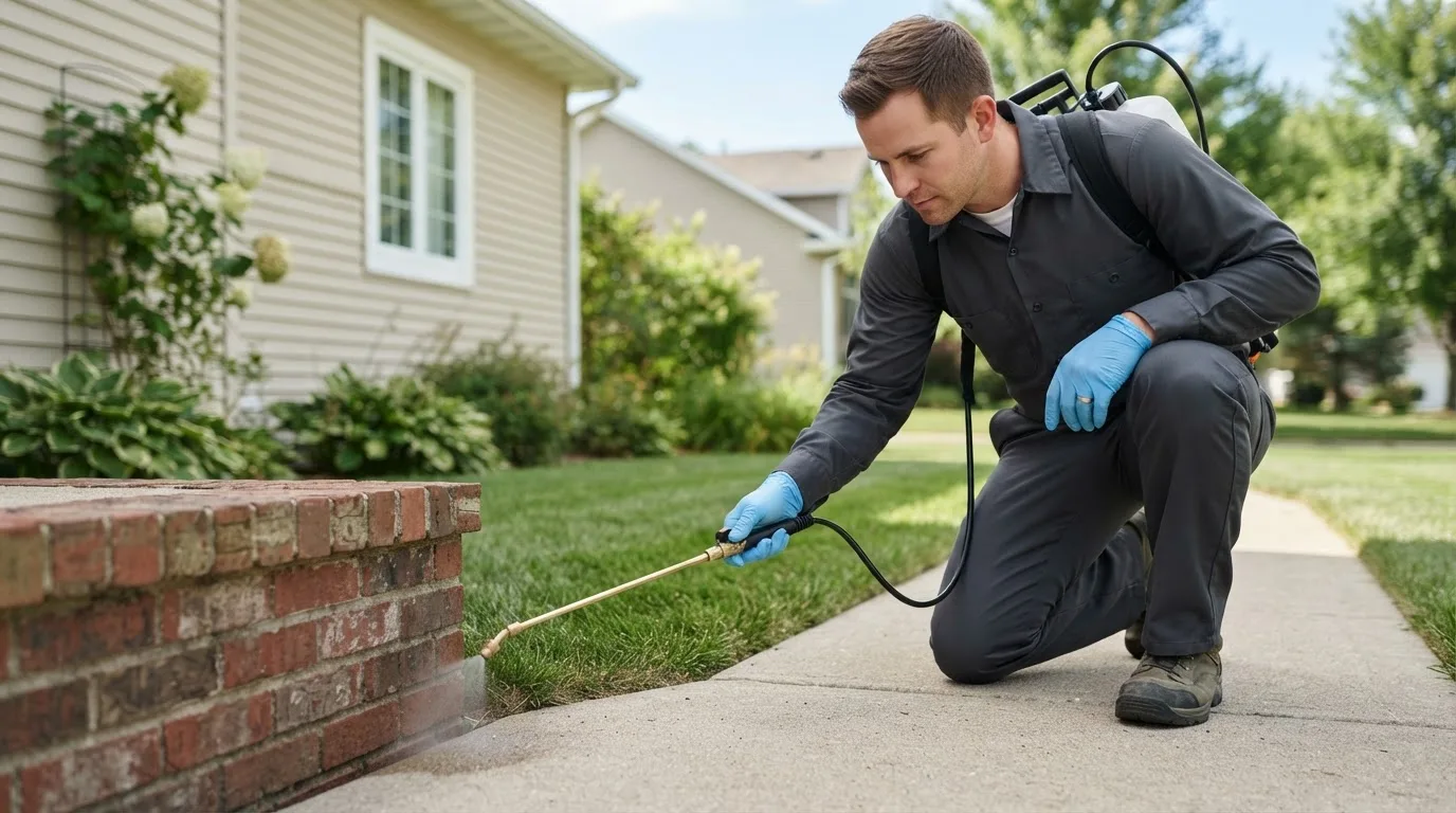 Pest control technician treating a home near Cranston, RI